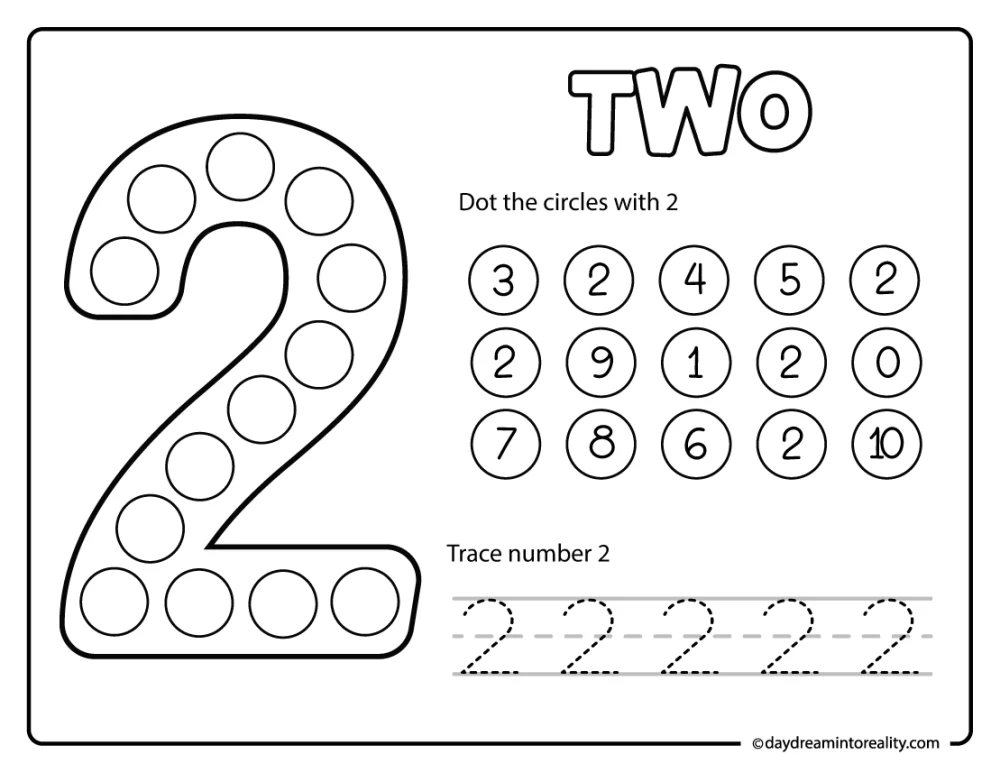 Number 2 dot marker and trace printable supporting preschool math and fine motor development.