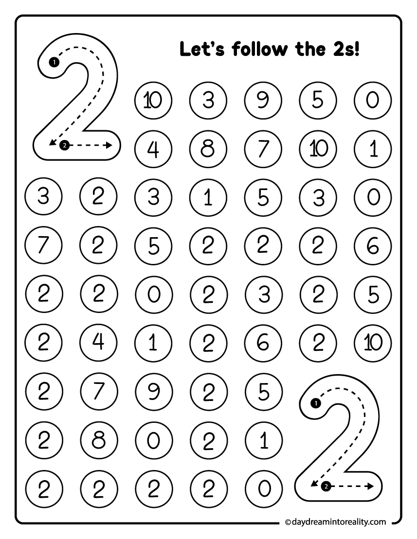 Number 2 dot marker maze printable helping young learners build number recognition through a fun path activity.