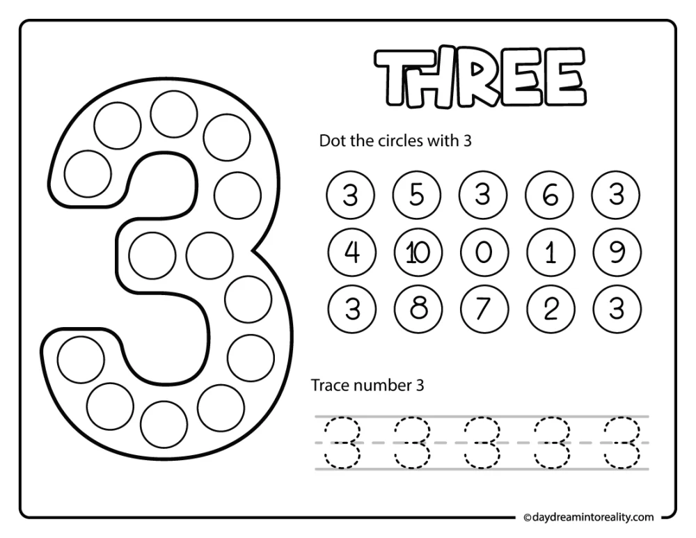 Number 3 dot marker and trace activity for kindergarten students practicing number formation and counting.