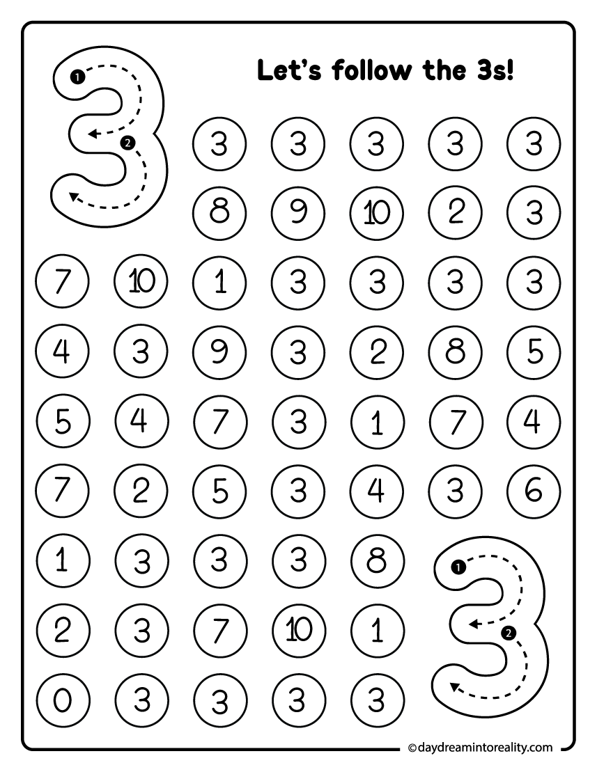 Number 3 dot marker maze printable for preschool and kindergarten kids strengthening counting and problem-solving skills.