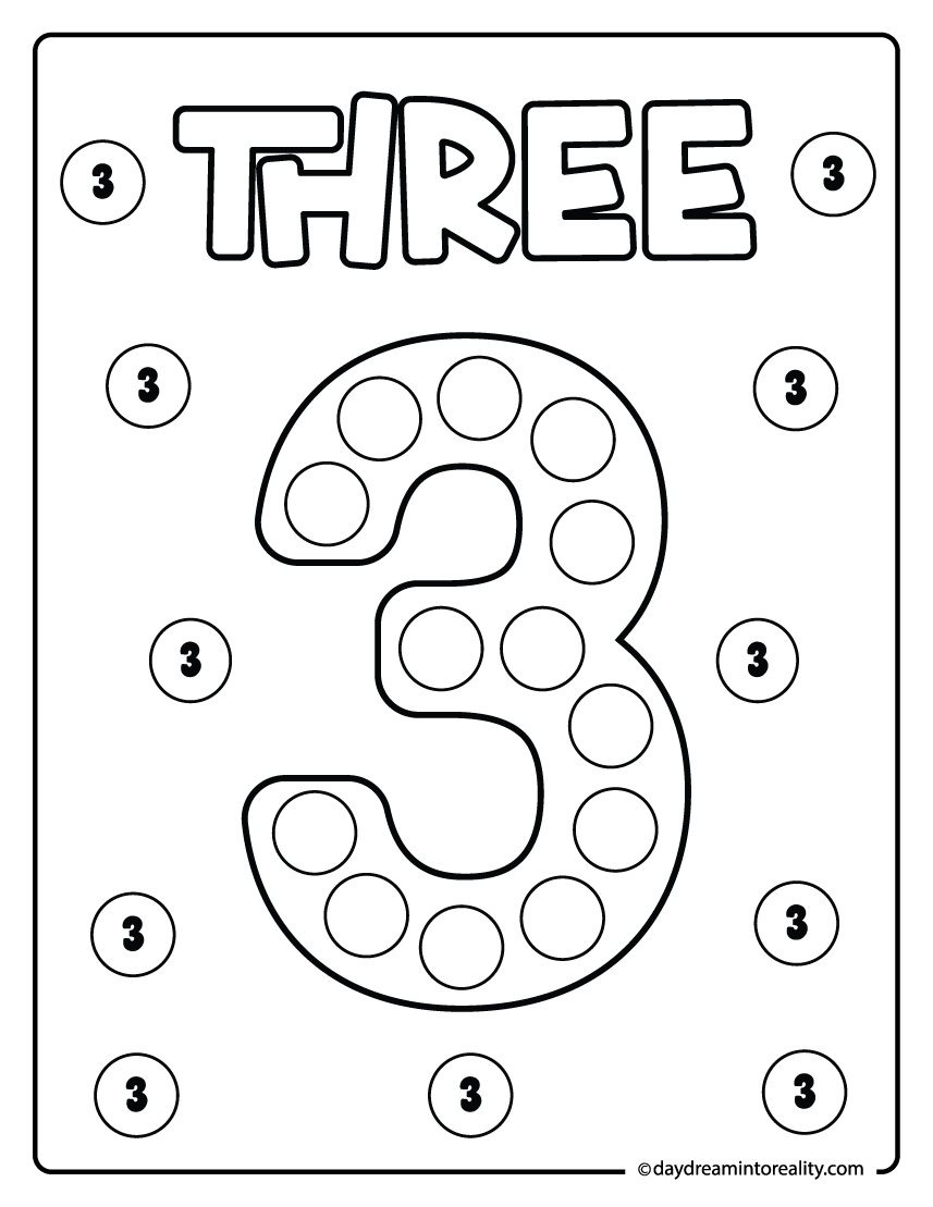 Number 3 dot marker printable for preschool and kindergarten kids working on number identification and hand-eye coordination.
