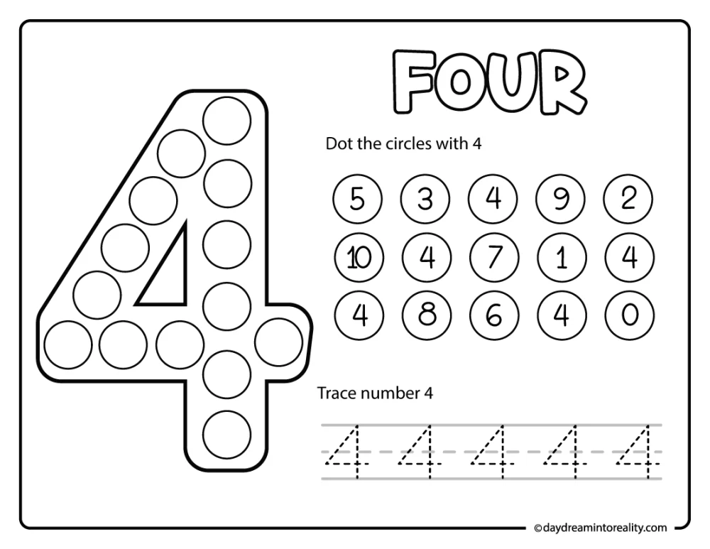 Number 4 dot marker and trace printable for early childhood number practice and tracing skills.