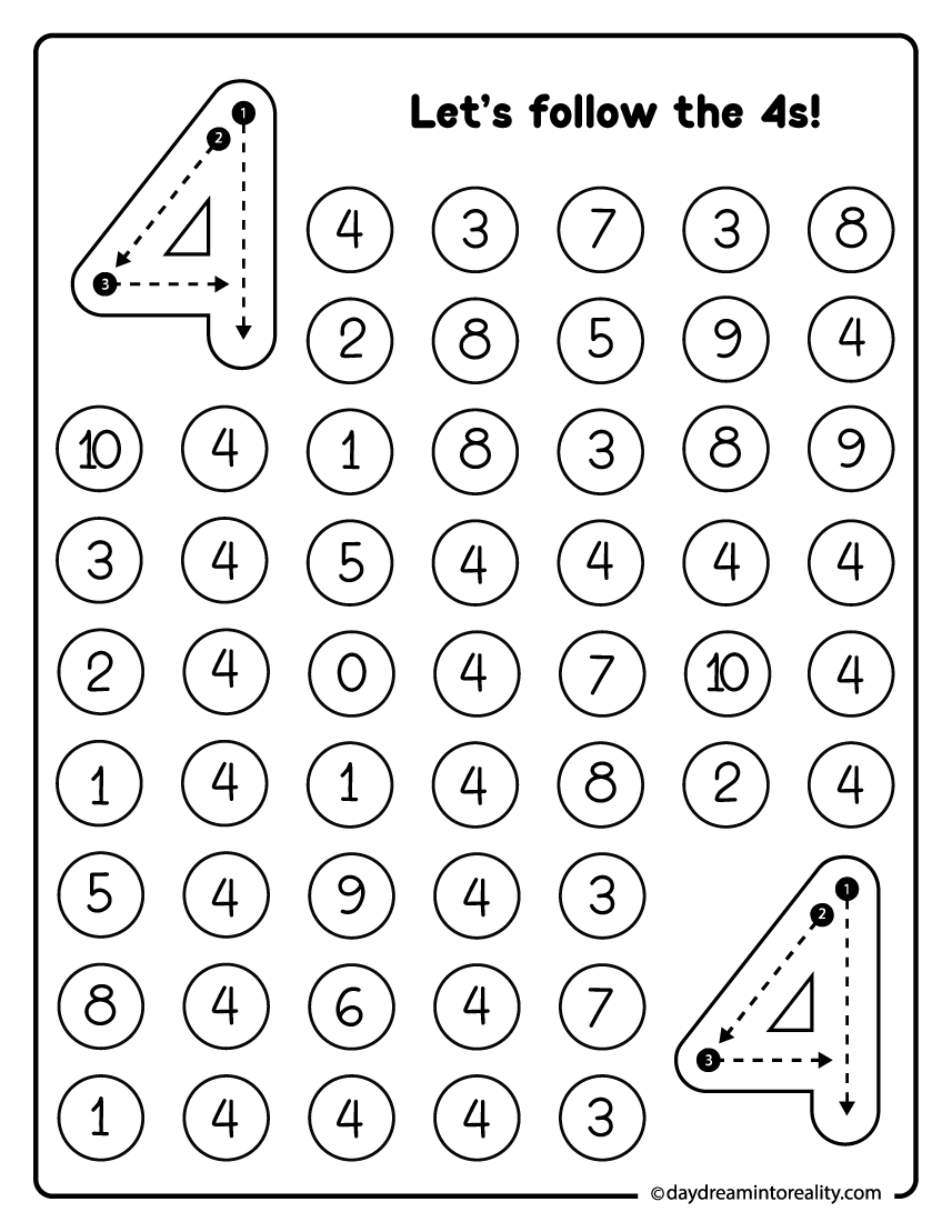 Number 4 dot marker maze activity where early learners follow the fours to complete the number challenge.