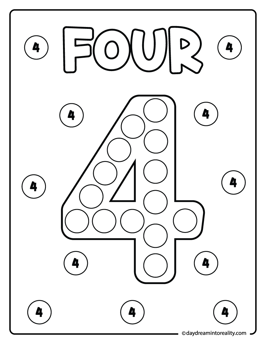 Number 4 dot marker activity for young children developing counting confidence and fine motor control.