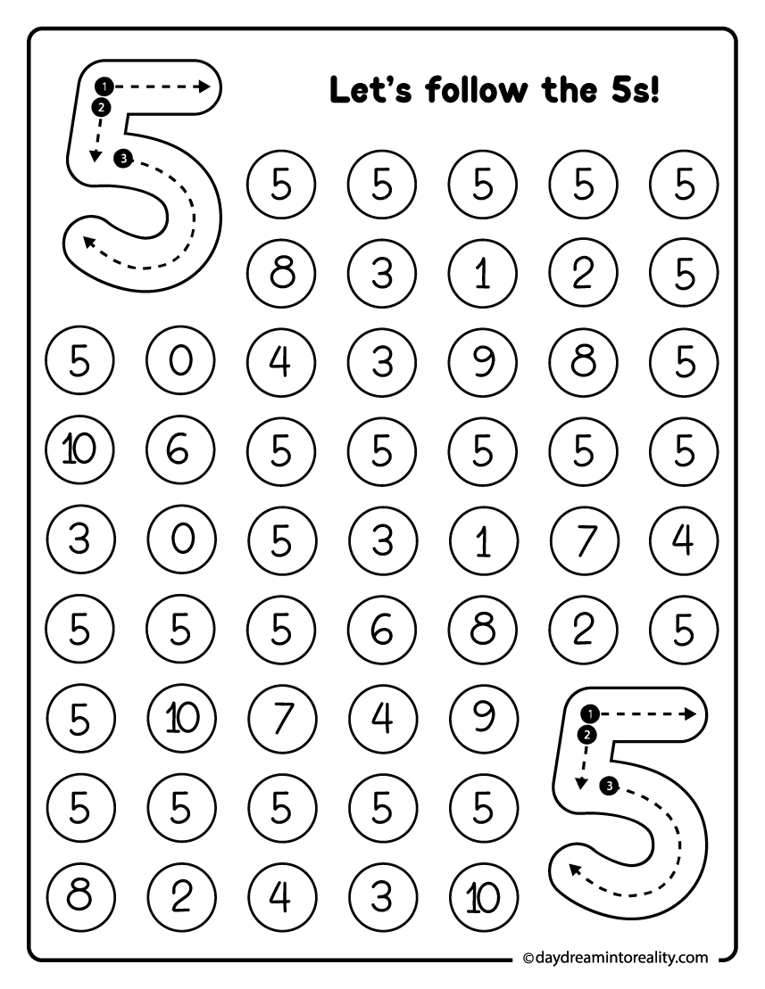Number 5 dot marker maze printable for preschool math practice and visual scanning skills.
