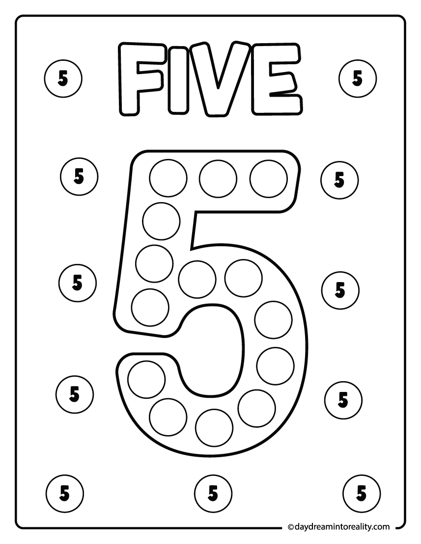 Number 5 dot marker printable for preschool math centers and kindergarten number practice.