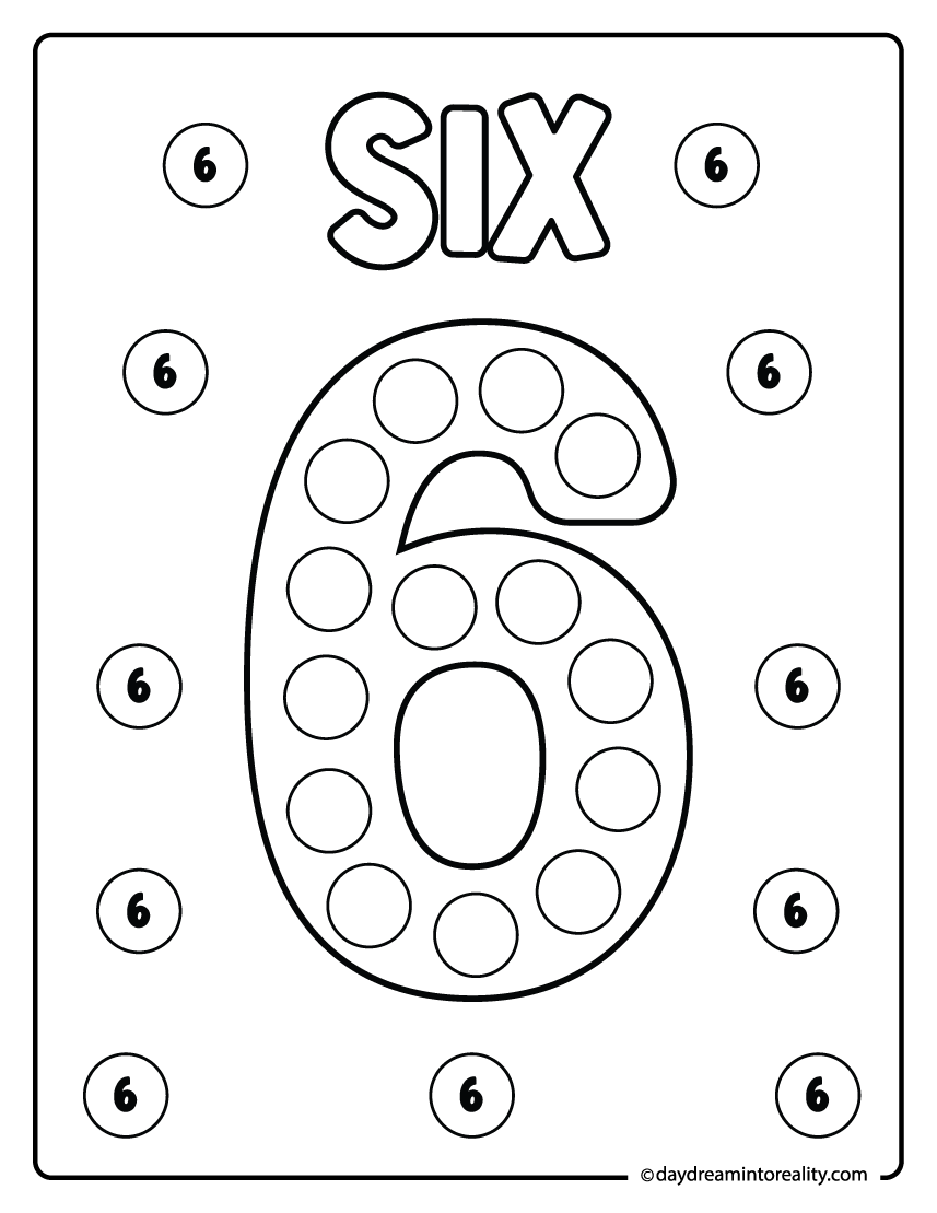 Number 6 dot marker printable designed for early childhood number recognition and counting development.
