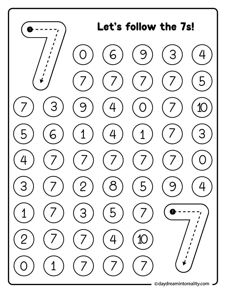 Number 7 dot marker maze printable supporting early math development and number tracing readiness.