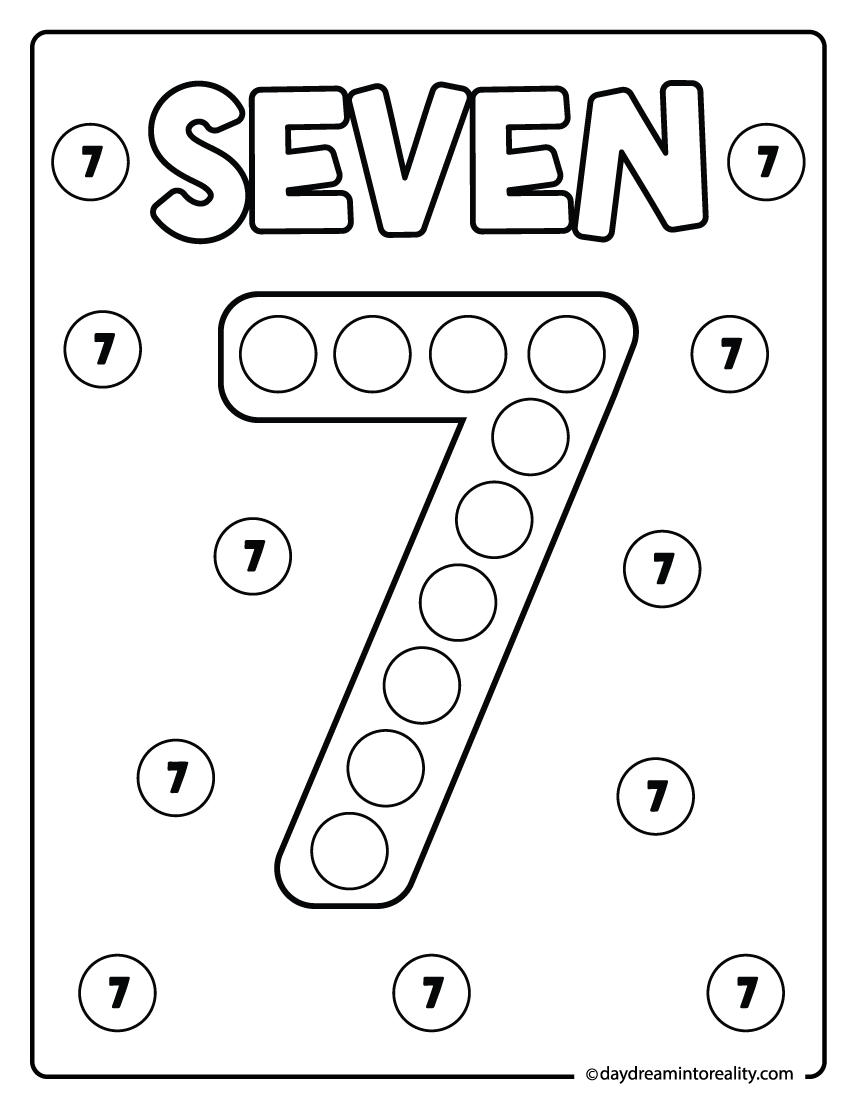 Number 7 dot marker activity page for preschool and kindergarten kids strengthening math foundations.