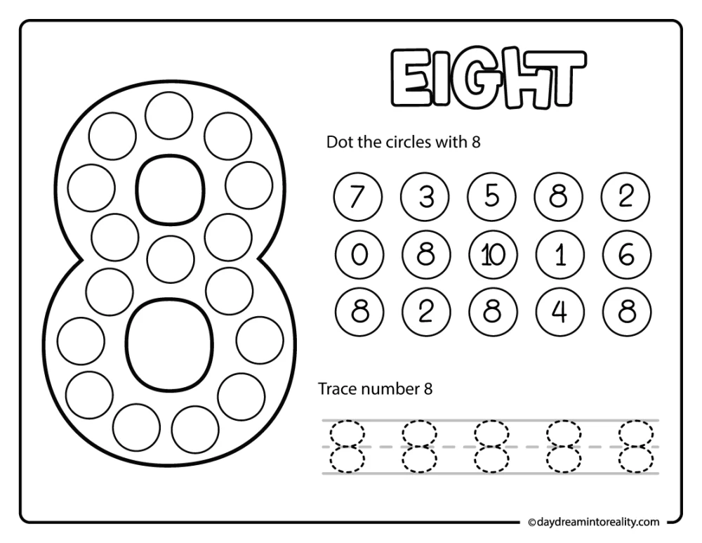 Number 8 dot marker and trace printable designed for early learners strengthening number skills.