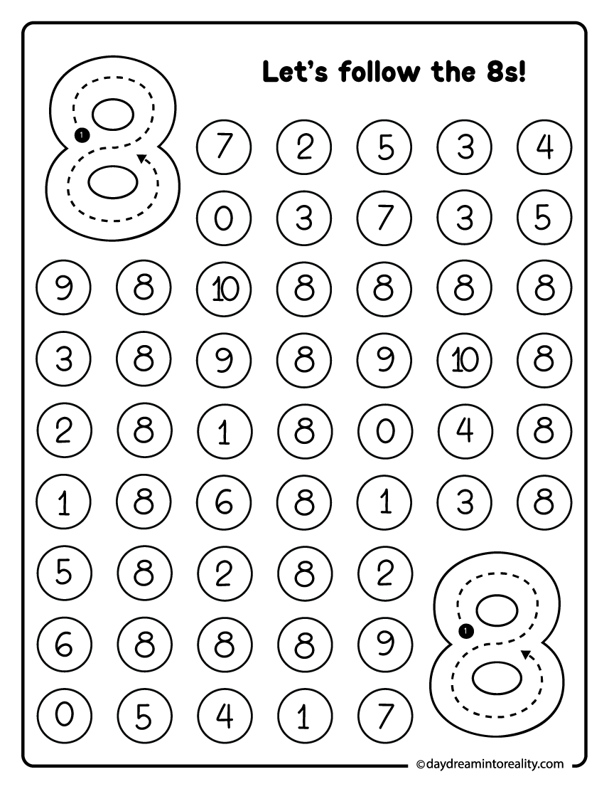 Number 8 dot marker maze activity designed for preschool and kindergarten counting practice.