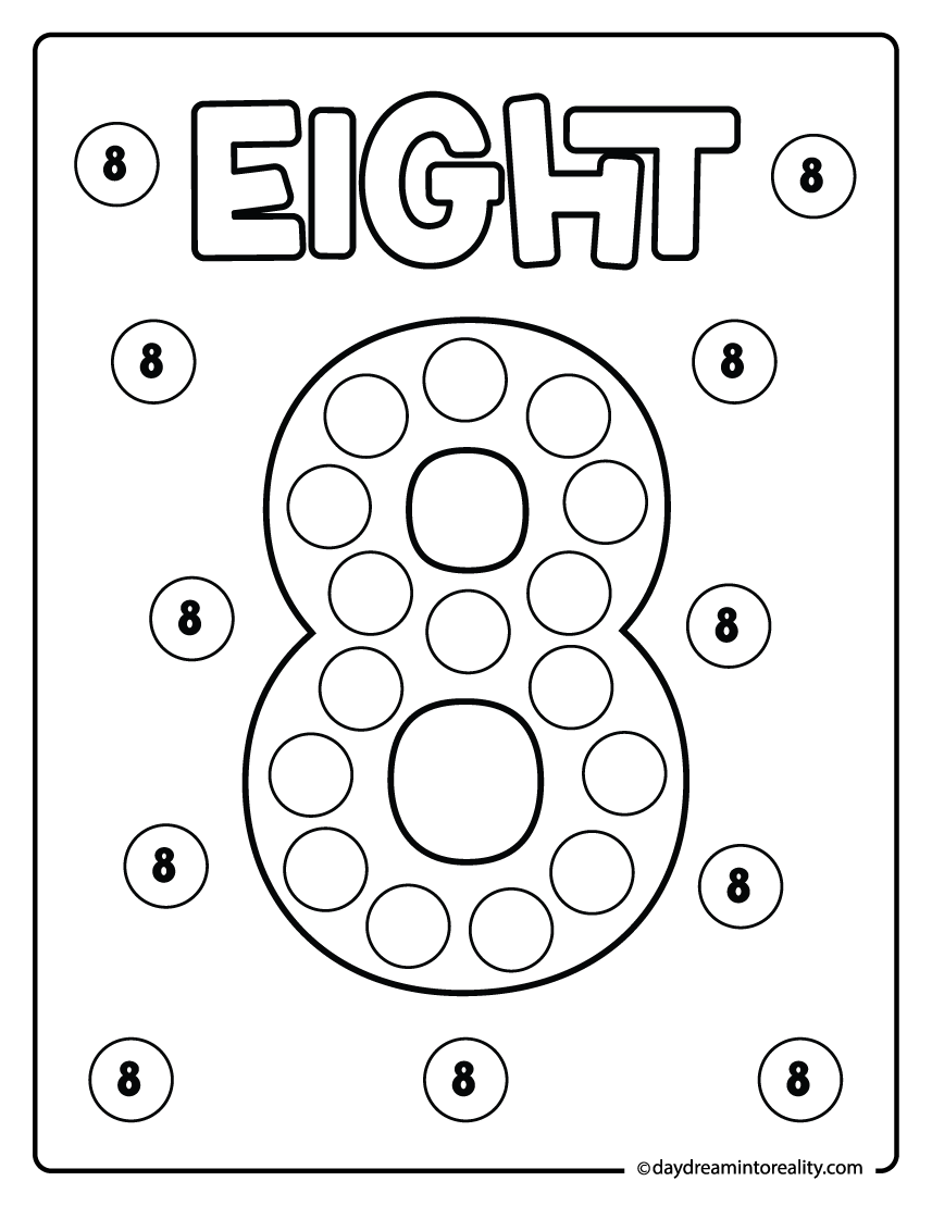 Number 8 dot marker printable for young learners practicing number formation and counting skills.