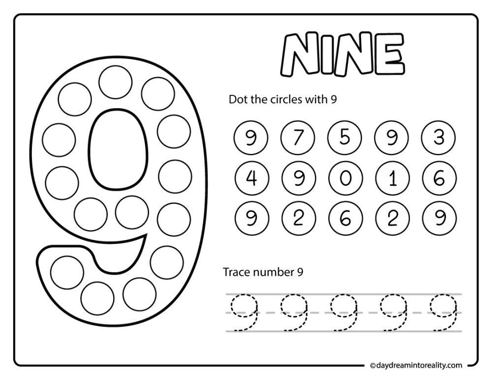 Number 9 dot marker and trace printable for preschool math centers and tracing practice.