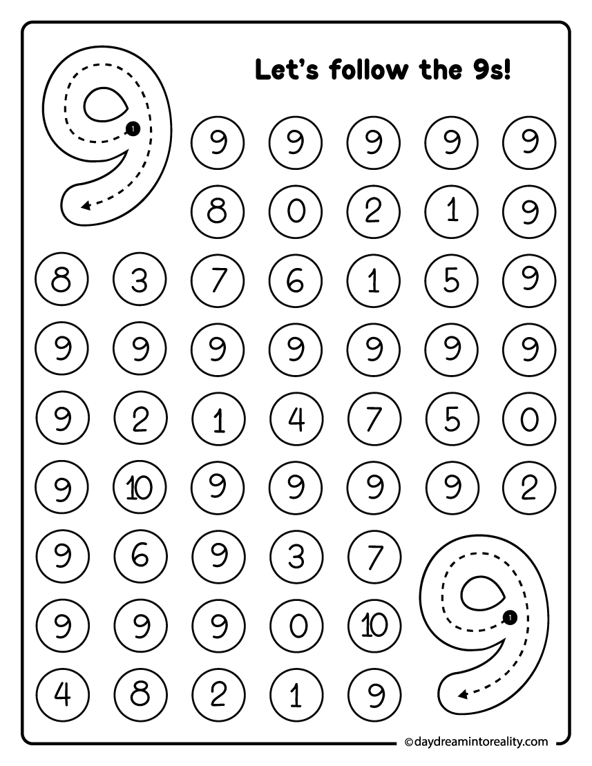 Number 9 dot marker maze printable for young children building focus and number recognition skills.