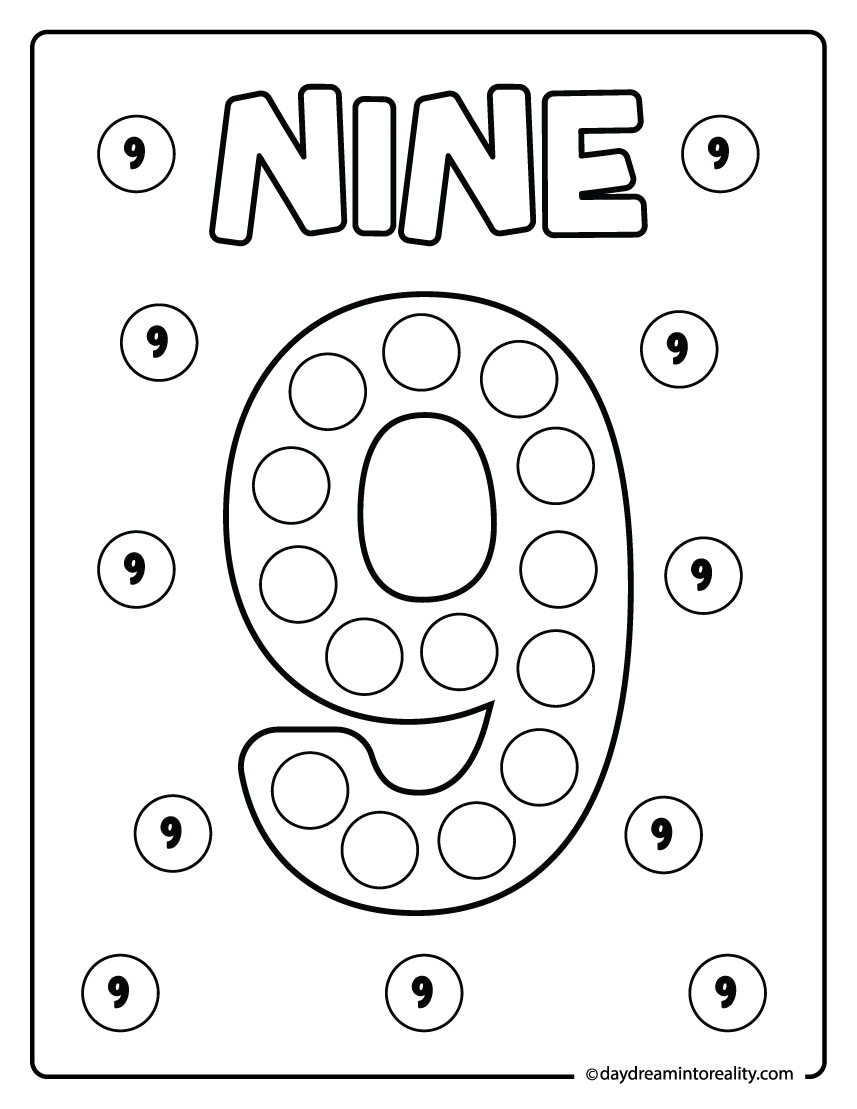 Number 9 dot marker printable for preschool and kindergarten students improving number familiarity and coordination.