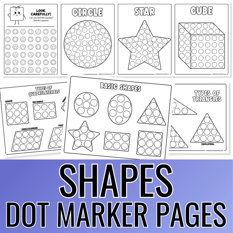 Free shapes dot marker pages printable pack preview for preschool and kindergarten shape activities.