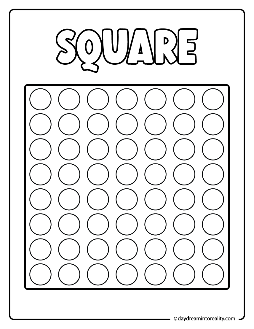 Square dot marker worksheet for preschool and kindergarten shape learning activity.