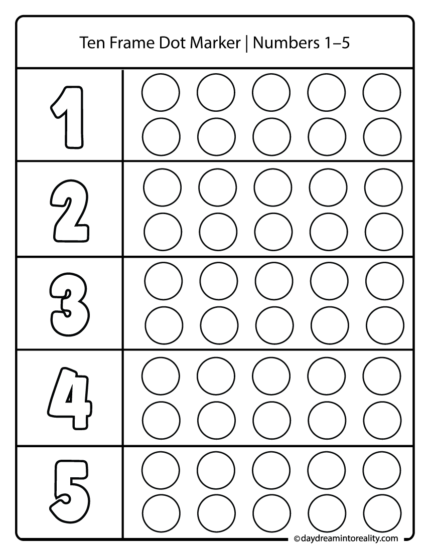 Ten frame dot marker printable for preschool and kindergarten kids practicing counting numbers one through five.
