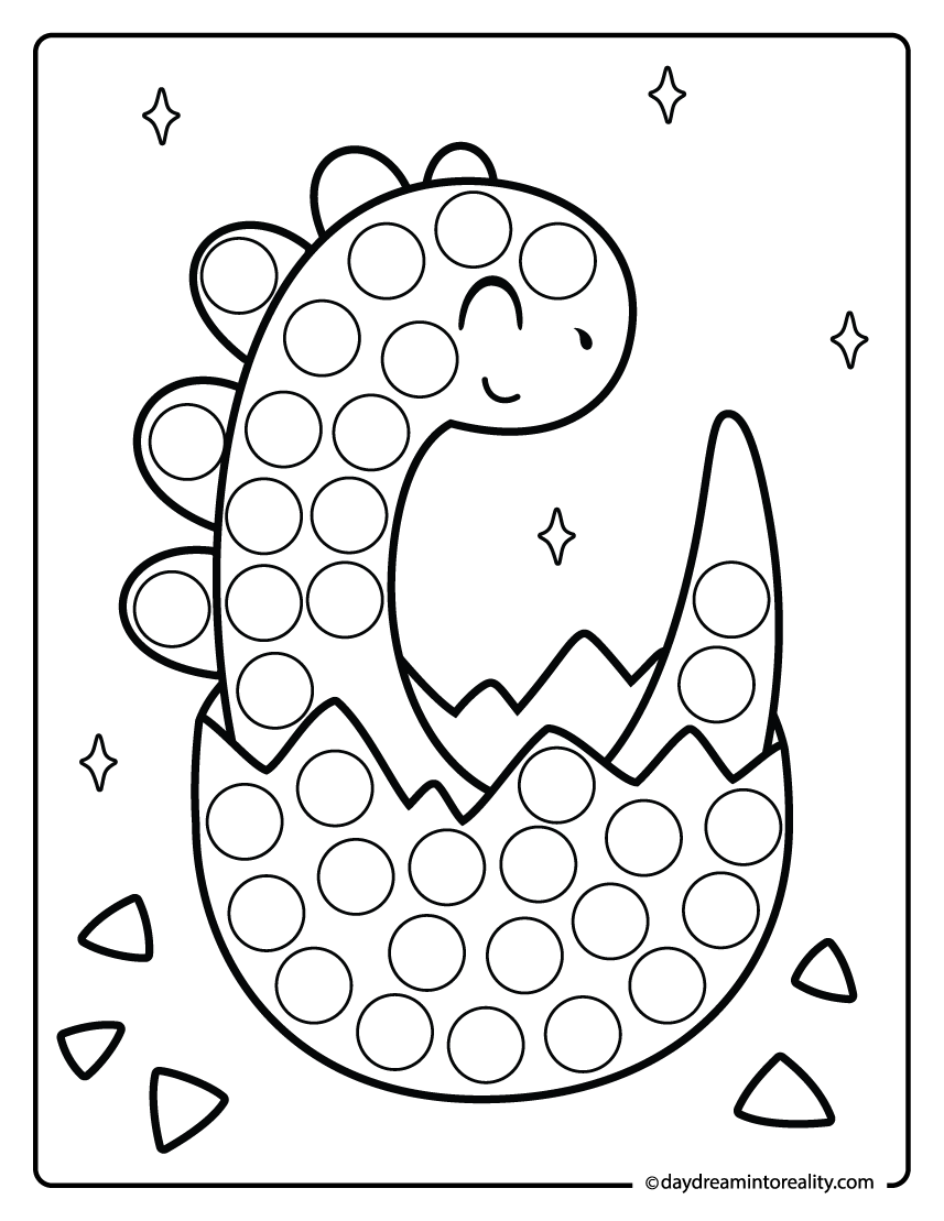 Baby dinosaur hatching egg dot marker printable for preschool kids featuring a baby dinosaur popping out of an egg.