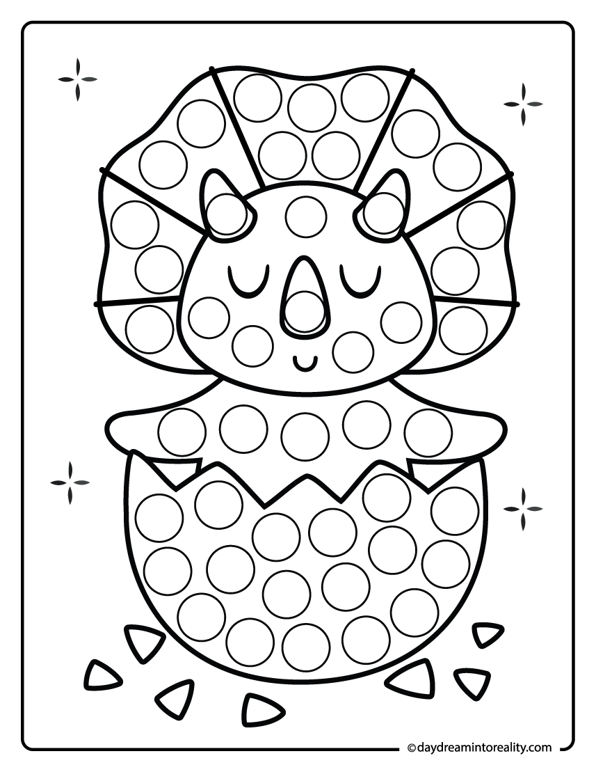 Triceratops hatching egg dot marker printable for preschool kids featuring a cute baby triceratops in a cracked egg.
