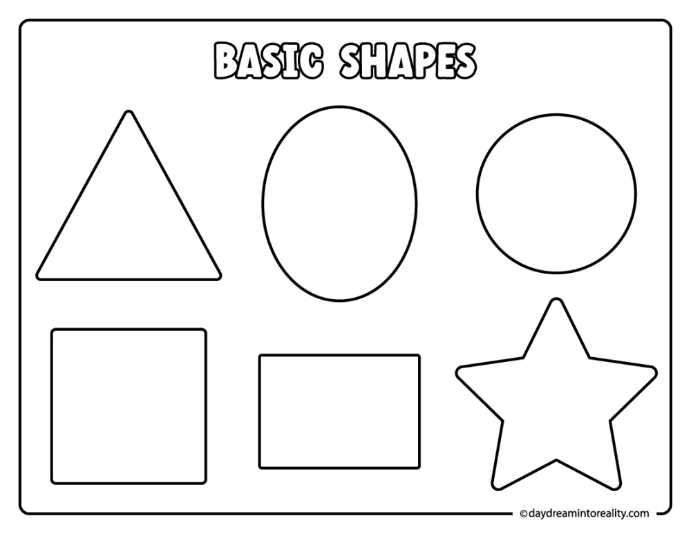 Basic shapes coloring page with circle, square, triangle, rectangle, star, and oval.