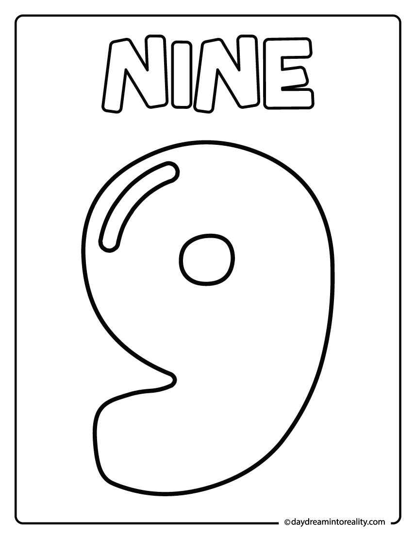 Number nine coloring page printable for preschool worksheets.