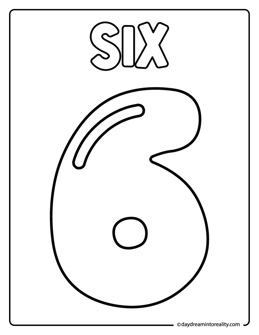 Number six coloring page for kids practicing number recognition.