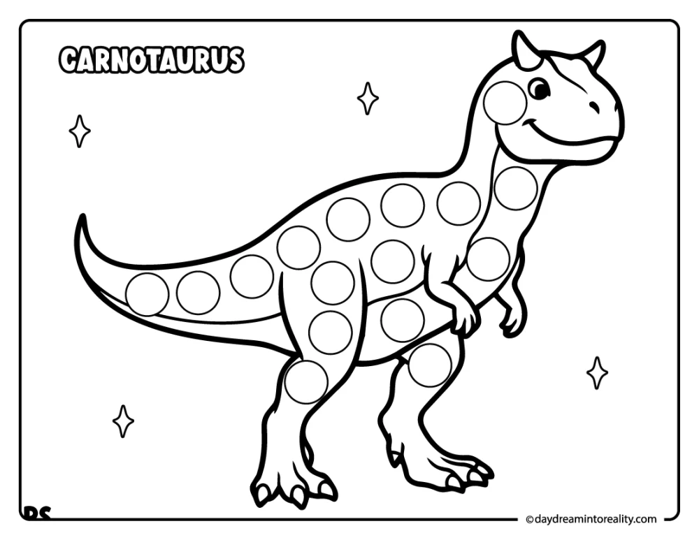 Carnotaurus dot marker printable worksheet for kids.