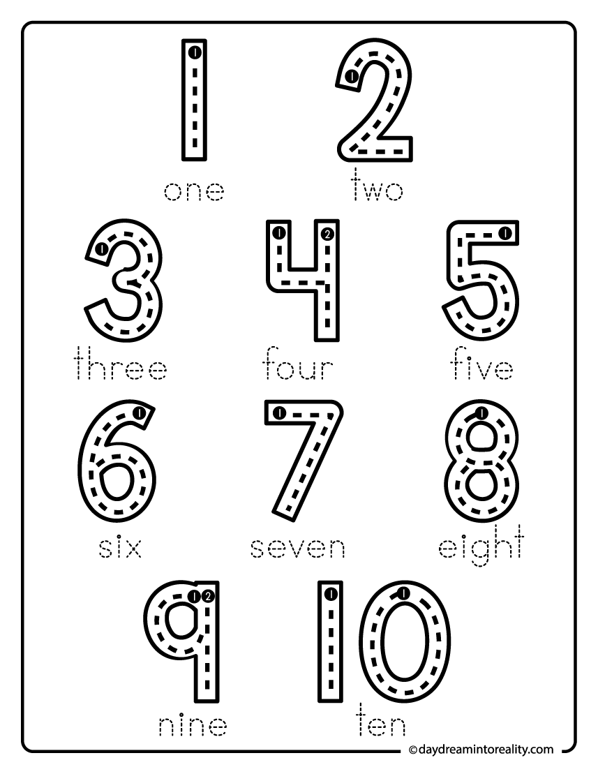 Numbers one to ten coloring and tracing worksheet printable for preschool number practice.