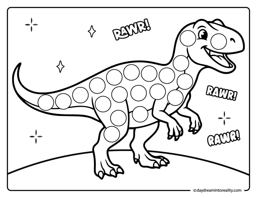 Playful velociraptor dot marker printable activity for kids.