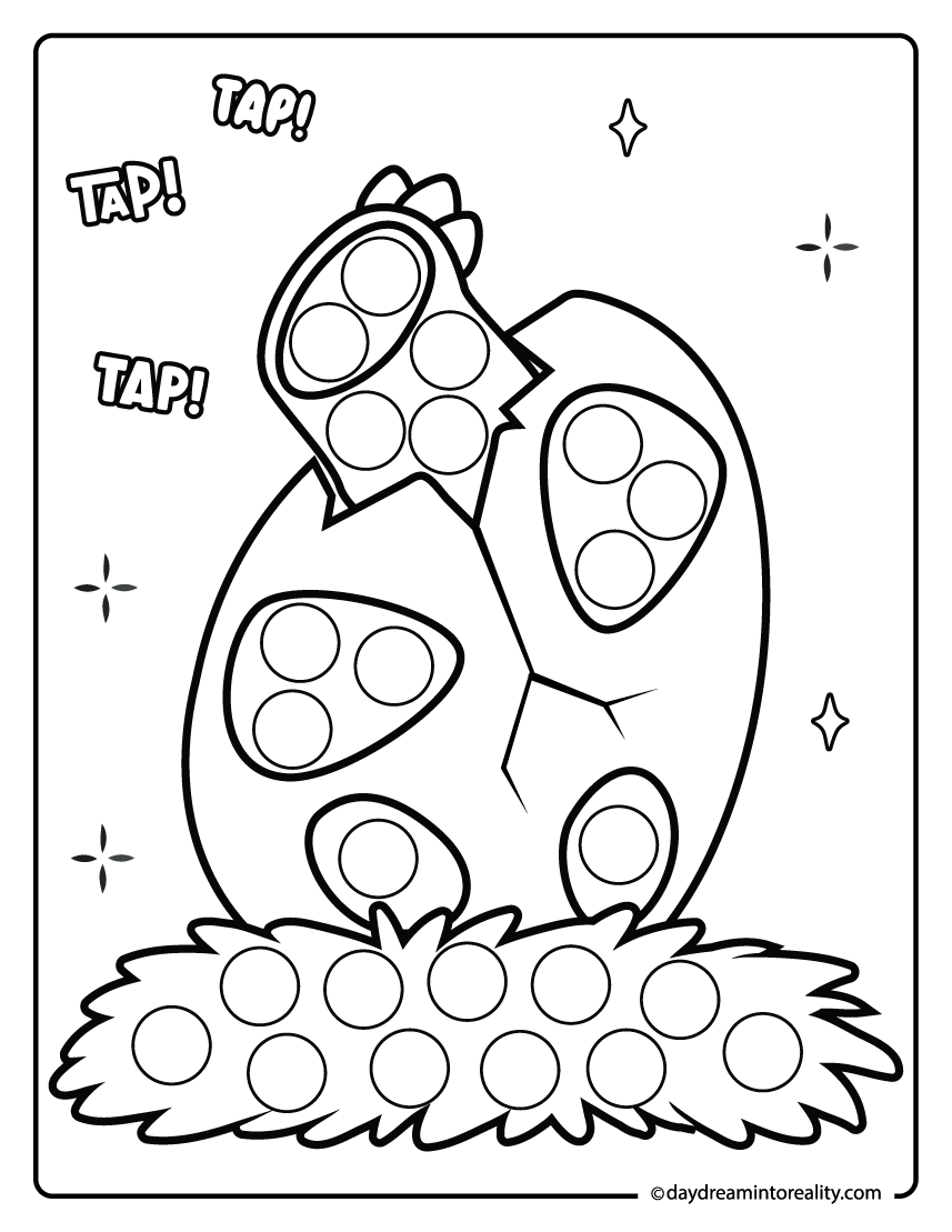 Dinosaur egg dot marker printable for preschool kids featuring a baby dinosaur tapping from inside the shell.