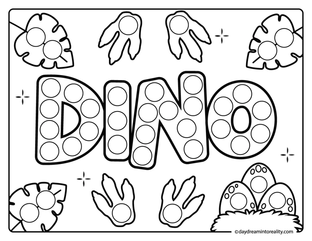 Dino word dot marker printable for preschool kids featuring large dino letters with leaves, dinosaur eggs and footprints.