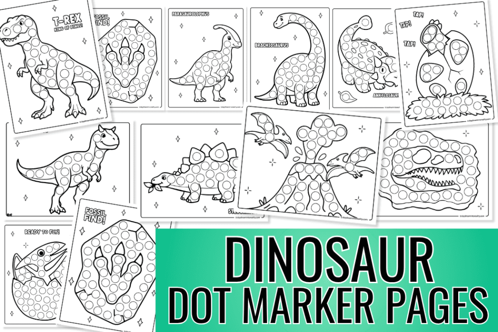 Dinosaur dot marker pages preview with multiple printable worksheets for preschool and kindergarten kids.