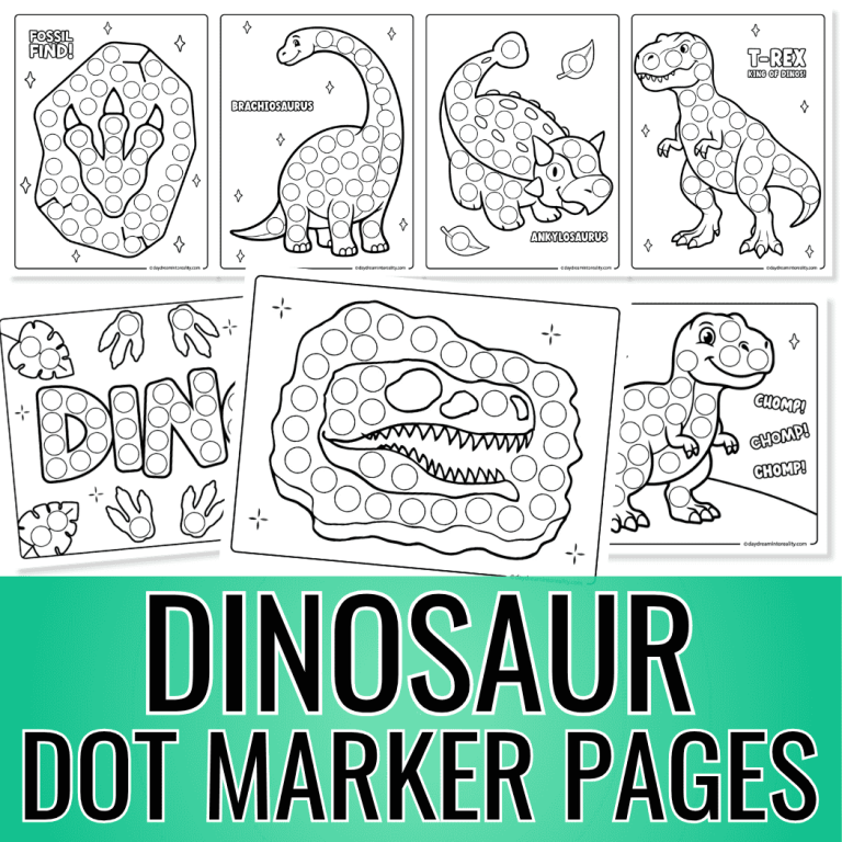 Dinosaur dot marker printable bundle preview showing multiple preschool dab a dot worksheets with dinosaurs.