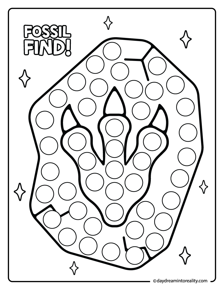 Dinosaur fossil dot marker printable for preschool kids featuring a large fossil footprint rock.