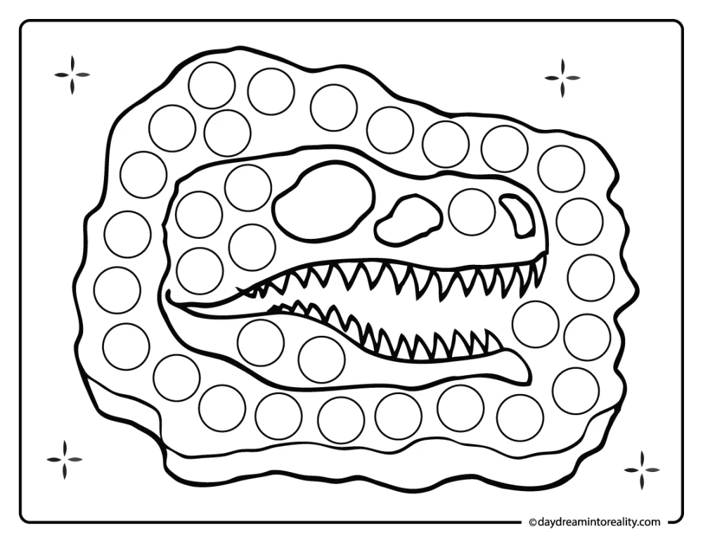 Large t-rex skull in a fossil rock dot marker printable.