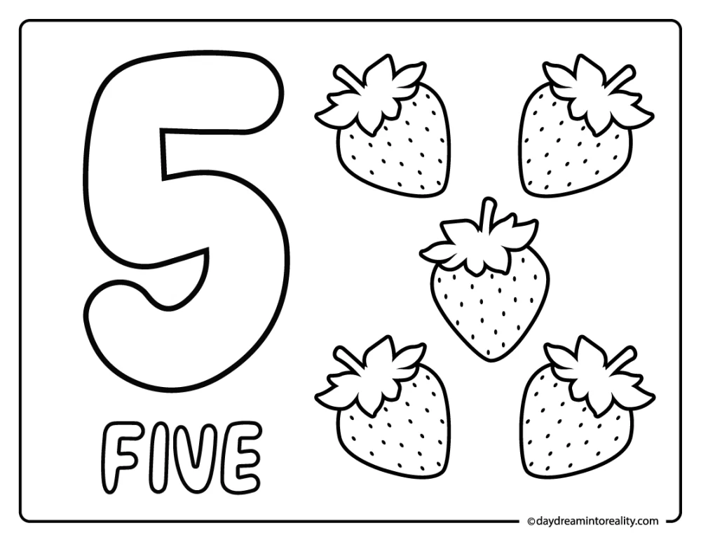 Count and color number five worksheet with strawberries.