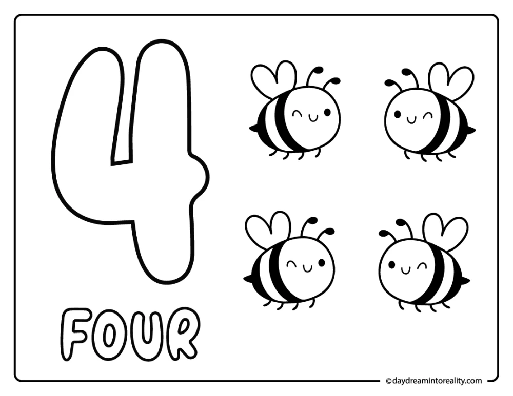 Count and color number four worksheet with bees.
