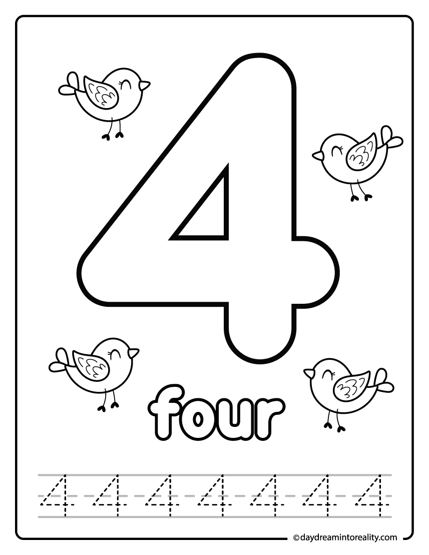 Number four tracing and coloring worksheet with birds illustration.
