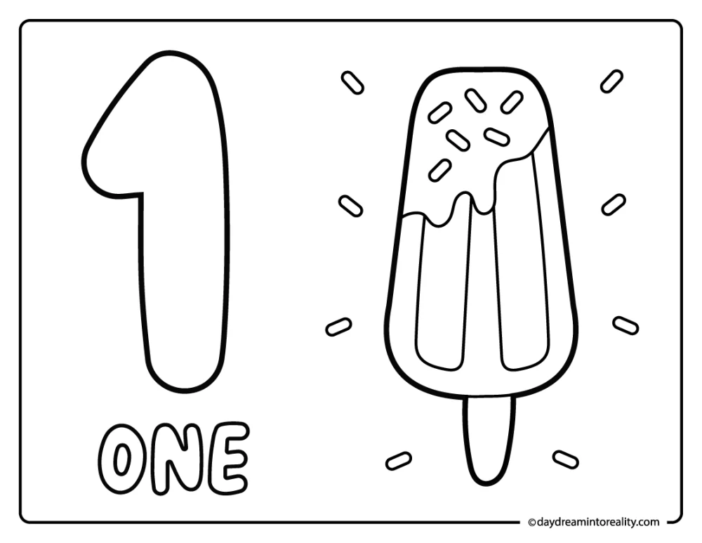 Count and color number one worksheet with popsicle illustration.