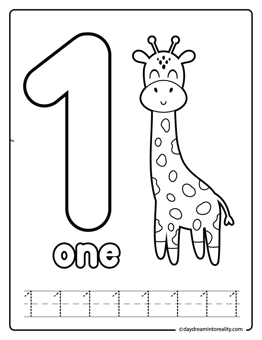 Number one tracing and coloring and coloring worksheet with giraffe.