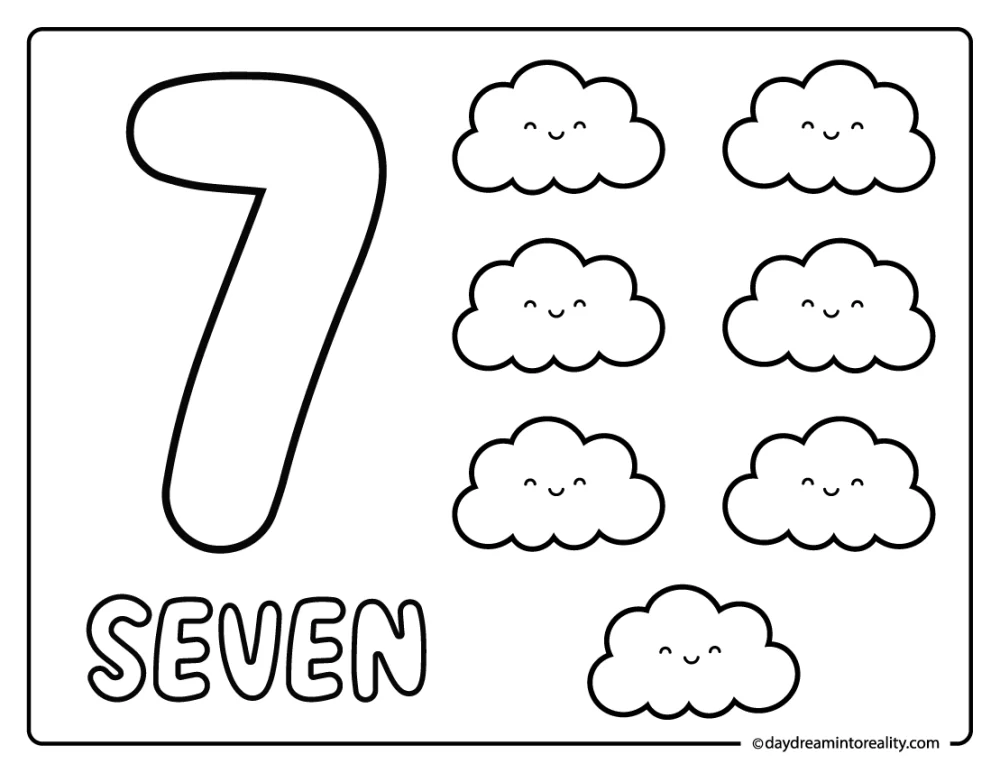 Count and color number seven worksheet with clouds.