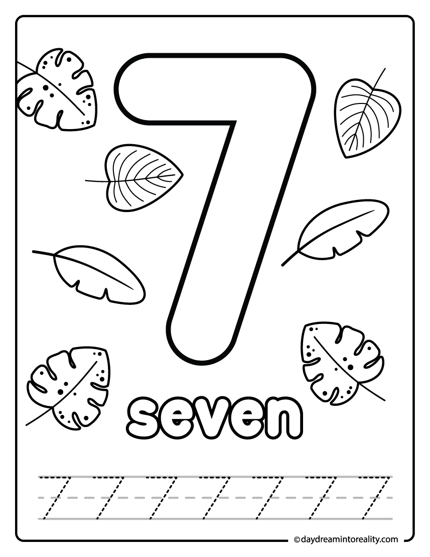 Number seven tracing and coloring worksheet with leaves illustration.