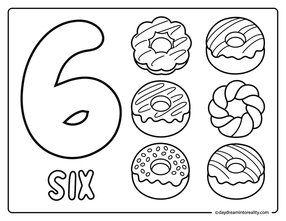 Count and color number six worksheet with donuts.