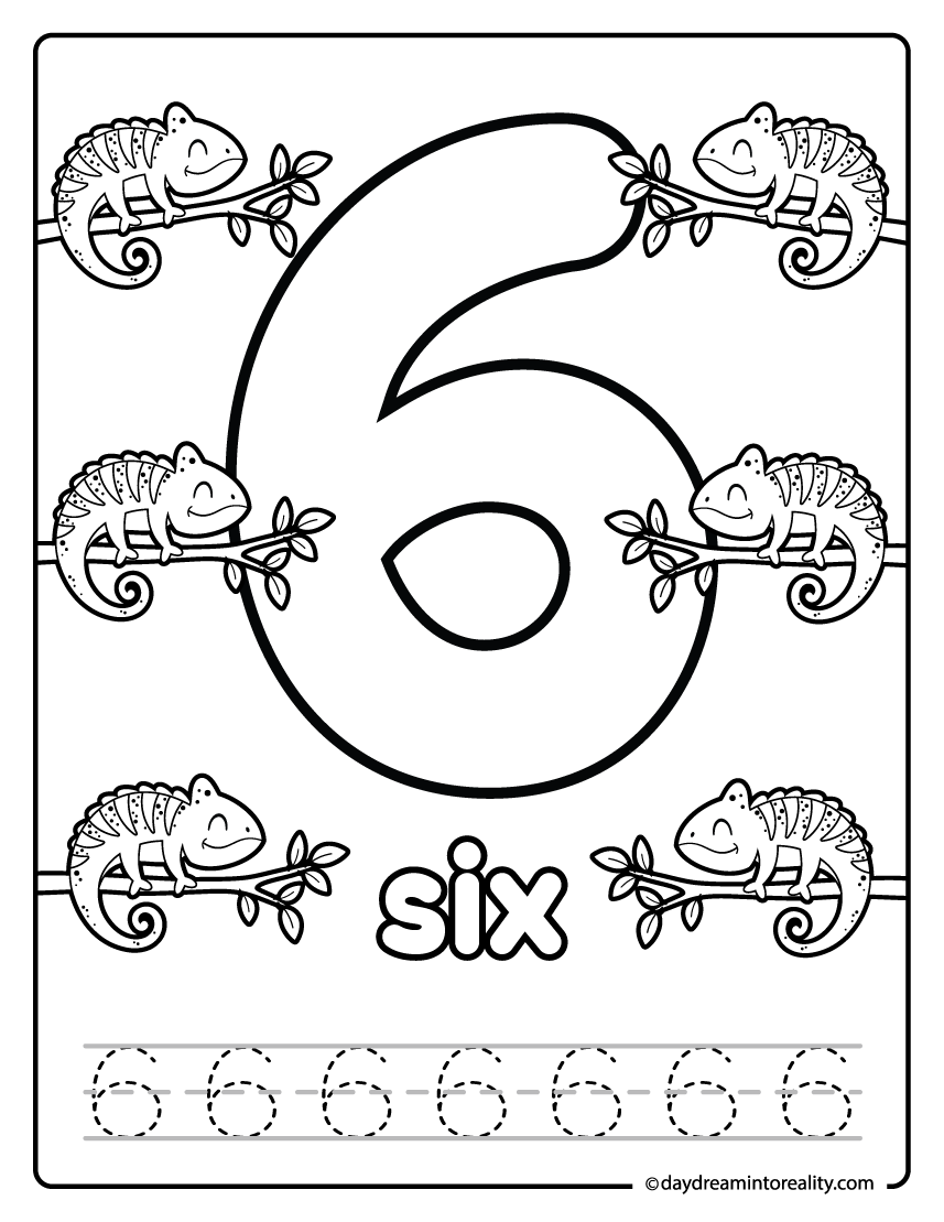 Number six tracing and coloring worksheet with chameleons.
