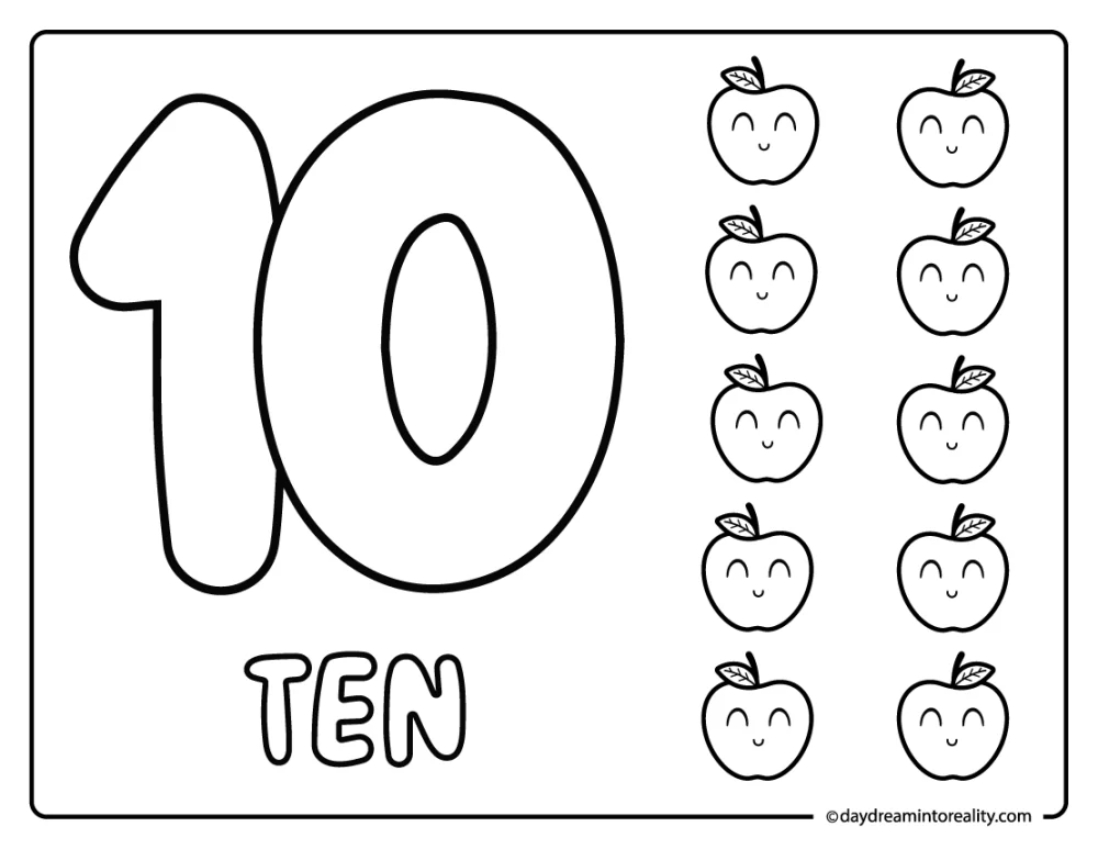 Count and color number ten worksheet with apples.