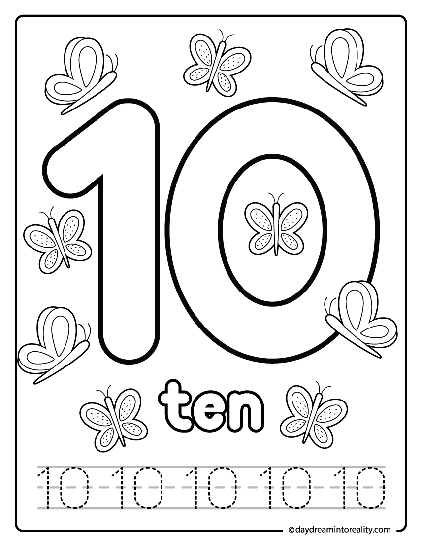 Number ten tracing and coloring worksheet with butterflies.