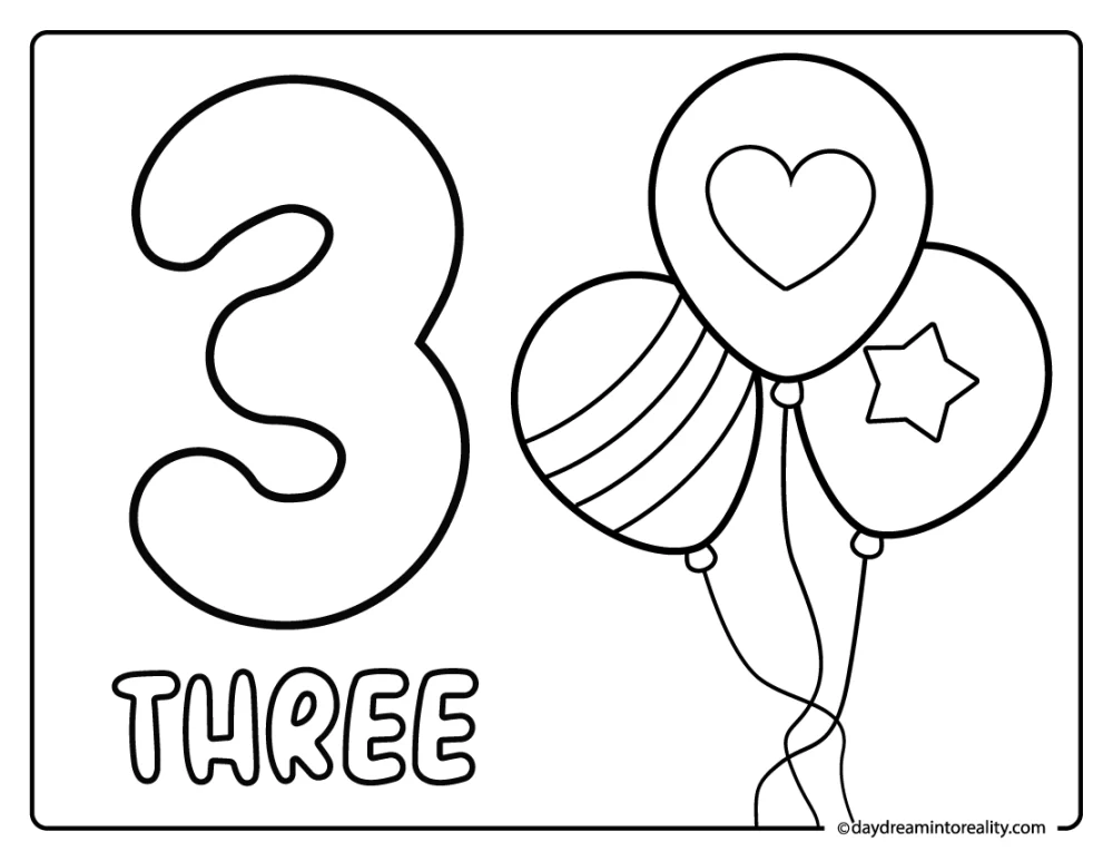 Count and color number three worksheet with balloons.