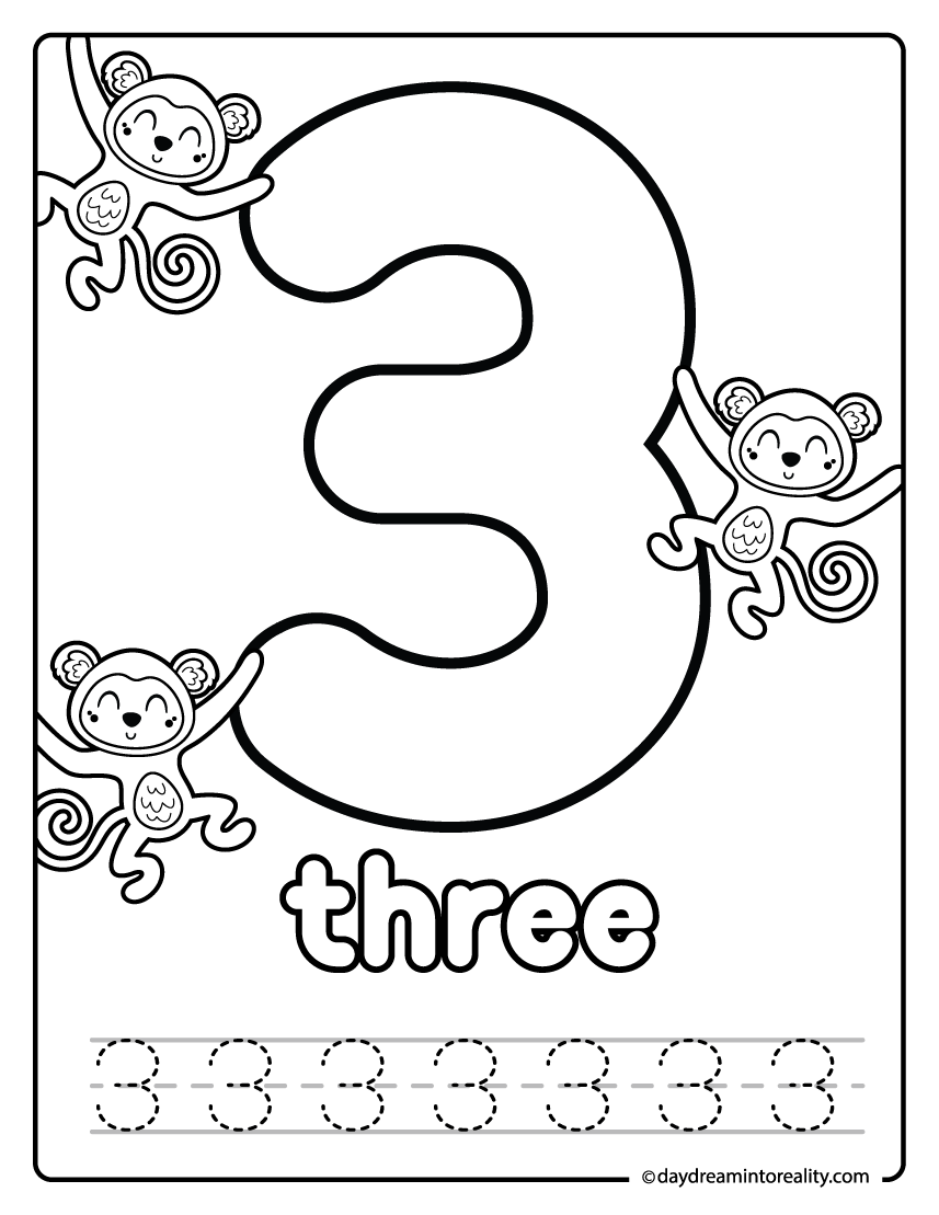 Number three tracing and coloring worksheet with monkeys for kids.