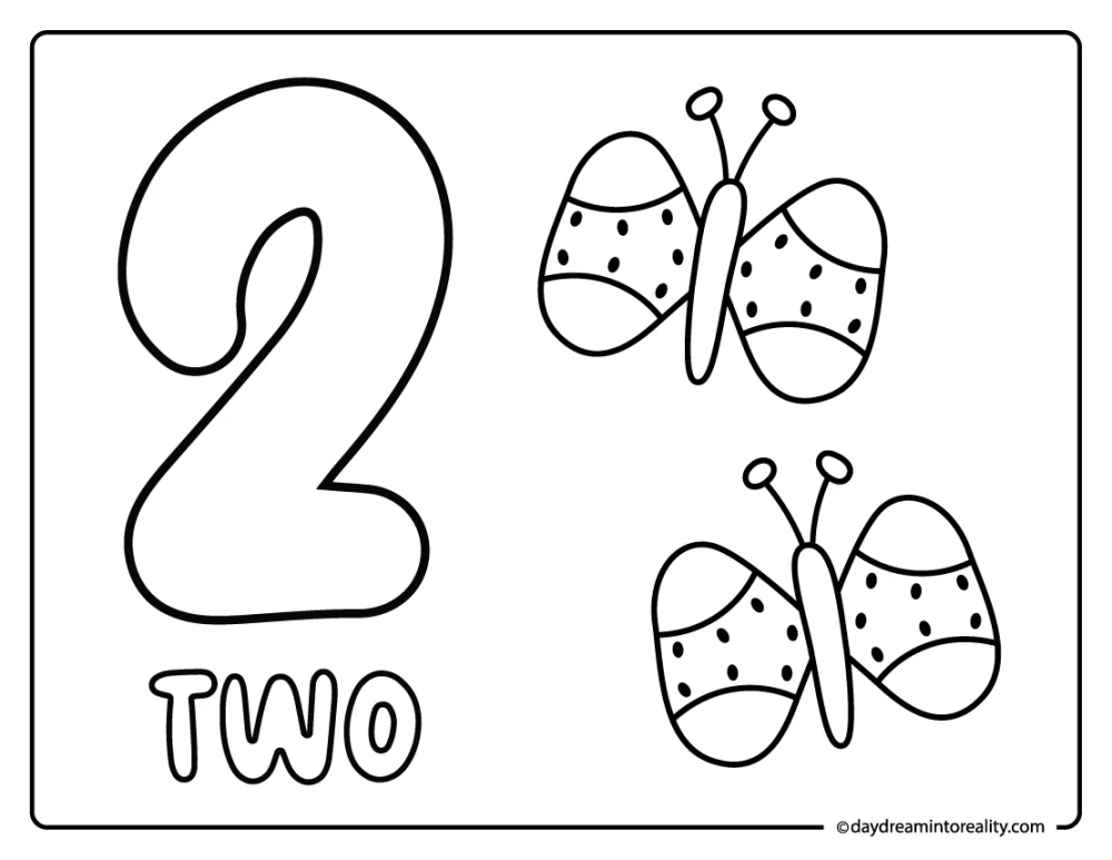 Count and color number two worksheet with butterflies.